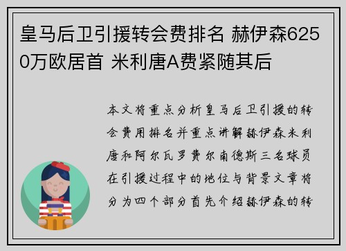 皇马后卫引援转会费排名 赫伊森6250万欧居首 米利唐A费紧随其后 皇马后卫引援转会费排名 赫伊森6250万欧居首 米利唐A费紧随其后