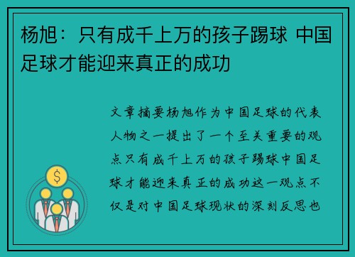 杨旭:只有成千上万的孩子踢球 中国足球才能迎来真正的成功 杨旭:只有成千上万的孩子踢球 中国足球才能迎来真正的成功