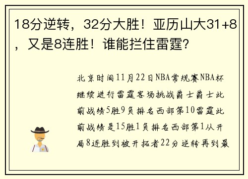 18分逆转，32分大胜！亚历山大31+8，又是8连胜！谁能拦住雷霆？