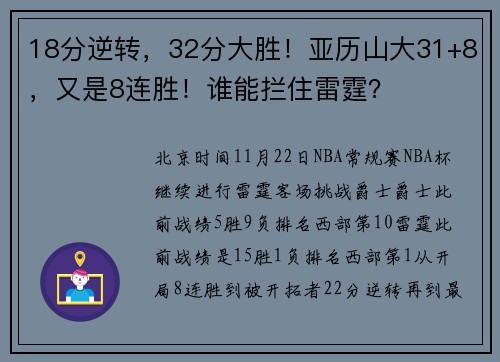 18分逆转，32分大胜！亚历山大31+8，又是8连胜！谁能拦住雷霆？